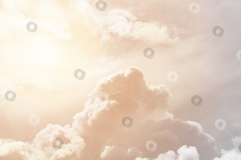 Скачать Мягкие кучевые пушистые облака, освещенные солнцем на фоне оранжевого неба (фон, тонированный) фотосток Ozero
