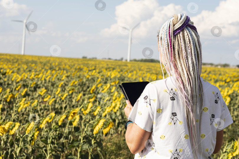 Скачать Молодая женщина с планшетом в поле с подсолнухами, ветряные турбины для производства экологически чистой энергии, эко-энергия, ветряные турбины фотосток Ozero
