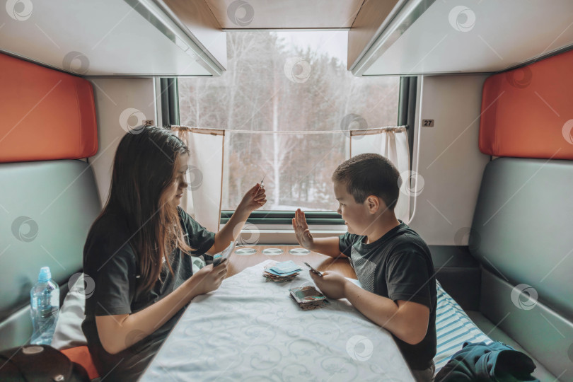 Скачать Время сближения братьев и сестер: В уютном купе поезда двое молодых людей увлеченно играют в карты, окруженные безмятежным зимним пейзажем, виднеющимся за окном фотосток Ozero