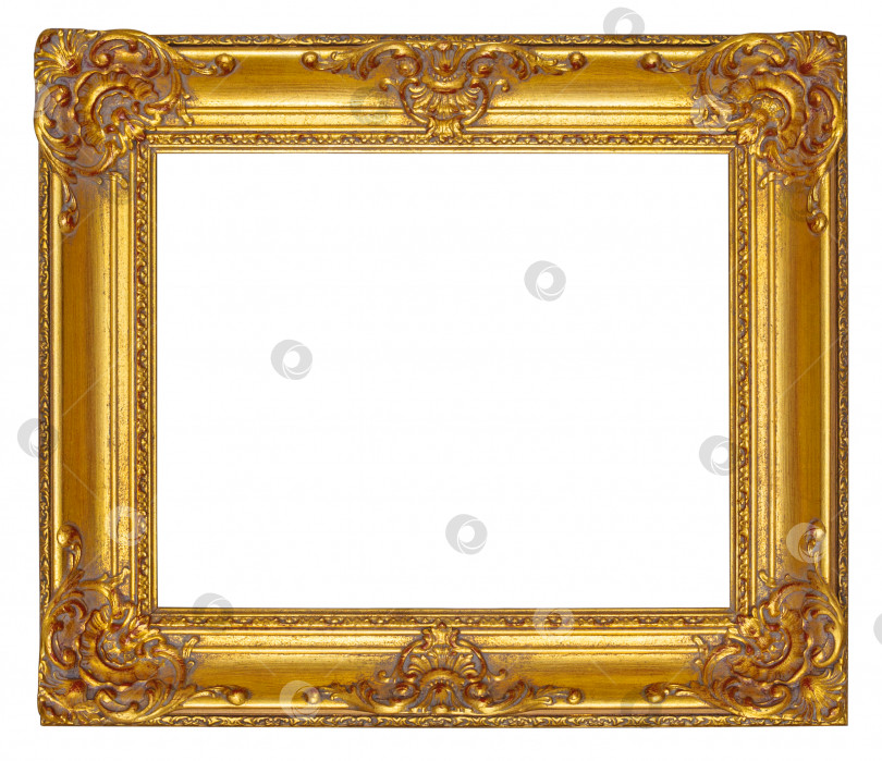 Скачать Золотая деревянная рамка для картины с резным цветочным орнаментом, выделенным на белом фоне фотосток Ozero