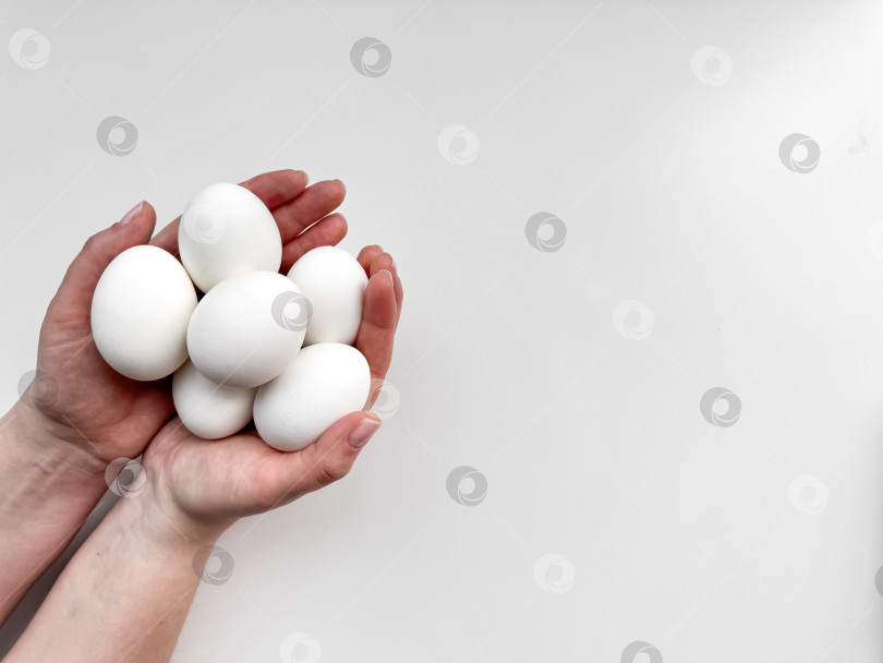Скачать Руки, сжимающие связку белых яиц на бледном фоне, - символ заботы, питания и новых начинаний. Для кулинарных сайтов, блогов рецептов и руководств по питанию. фотосток Ozero