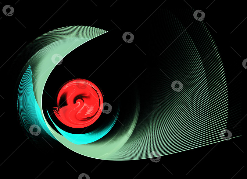Скачать Зеленые и бирюзовые дугообразные полосатые лезвия расположены слоями и вращаются вокруг красного центра на черном фоне. Иконка, логотип, символ, вывеска. 3D-рендеринг. 3D-иллюстрация. фотосток Ozero