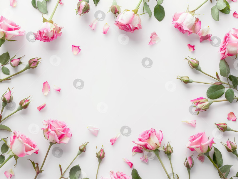 Скачать Розовые розы с бутонами и зелеными листьями, расположенные в рамке на белом фоне, с пространством для копирования, плоская цветочная композиция с пустым пространством. Свадебные и романтические концепции. Поколение искусственного интеллекта. фотосток Ozero