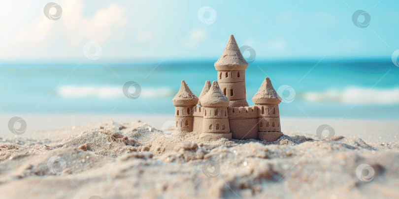Скачать Замок из песка с несколькими башнями на песчаном пляже, на фоне океанских волн. Летние каникулы для детей, пляжные развлечения, сооружение из песка на фоне голубого неба. Создание искусственного интеллекта. фотосток Ozero