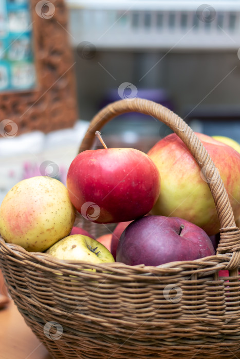 Скачать Корзина с разноцветными яблоками, натуральными, цельными продуктами фотосток Ozero
