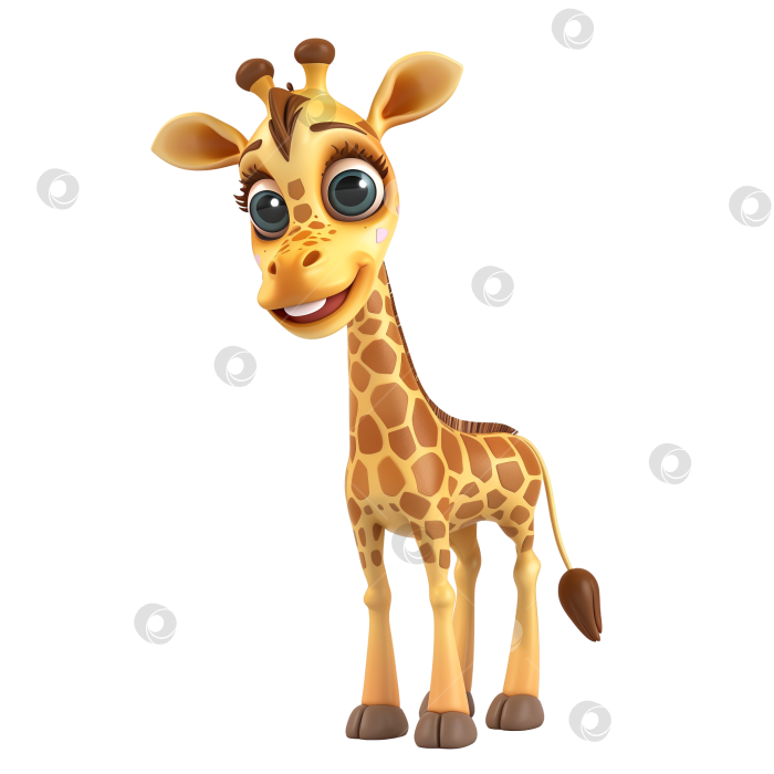 Скачать 3d-рендеринг симпатичного жирафа-талисмана из мультфильма. Симпатичный сказочный жираф-принт для одежды, канцелярских принадлежностей, книг, товаров первой необходимости. Игрушечный жираф-3D-персонаж на прозрачном фоне. фотосток Ozero