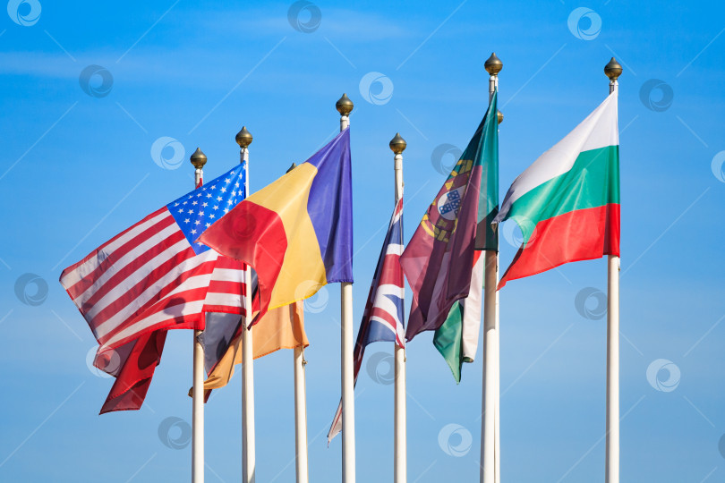 Скачать Крупный план флагов разных стран, развевающихся на ветру на фоне голубого неба фотосток Ozero