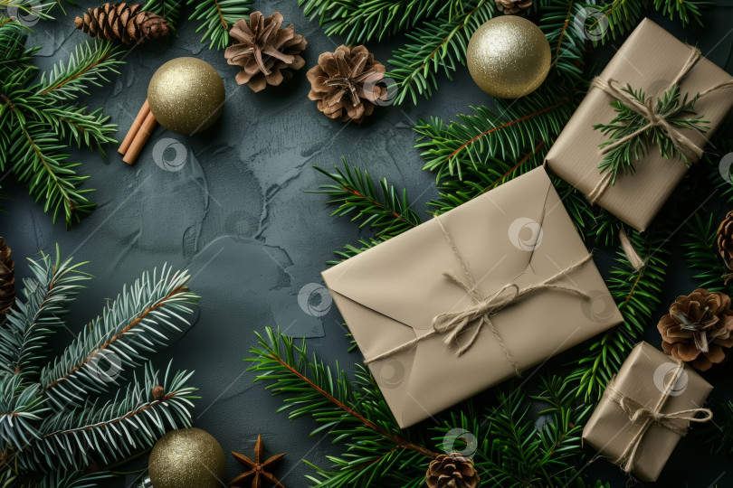 Скачать Рождественские подарки, завернутые в коричневую бумагу и перевязанные двумя фотосток Ozero