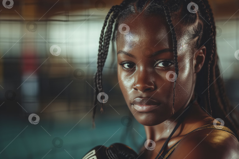 Скачать Женщина-боец с дредами стоит в спортзале, афроамериканка тренируется по мма фотосток Ozero