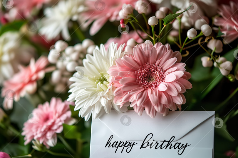Скачать Букет из розовых и белых цветов с поздравительной открыткой на день рождения фотосток Ozero