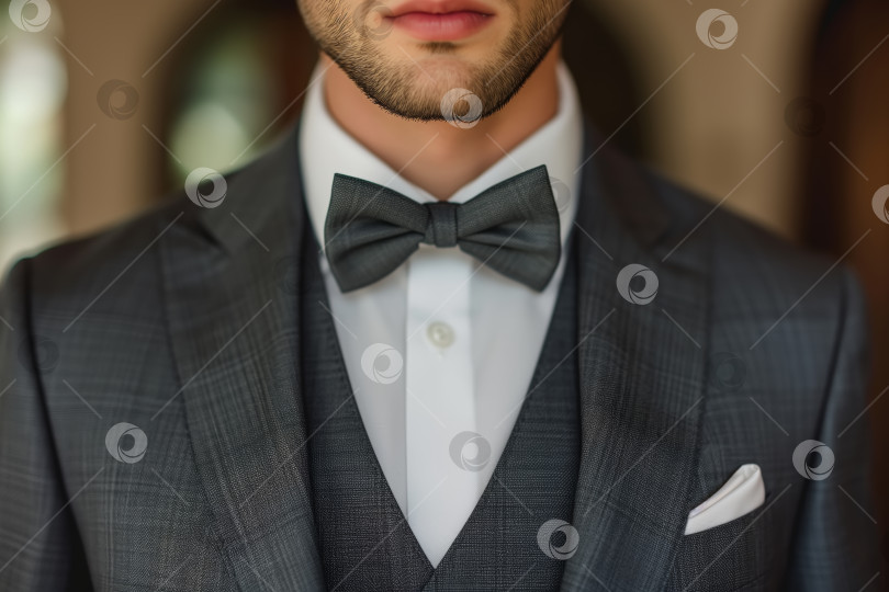 Скачать Крупный план мужчины в элегантном костюме и классическом галстуке-бабочке, демонстрирующего свой свадебный наряд. Жених выглядит стильно и утонченно фотосток Ozero