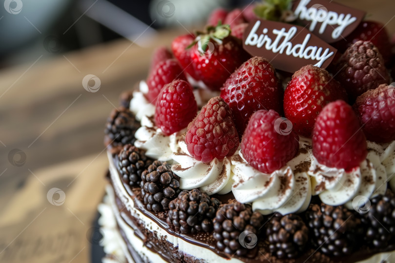 Скачать Шоколадный торт украшен разноцветной клубникой и пышными взбитыми сливками, что создает изысканный десерт фотосток Ozero