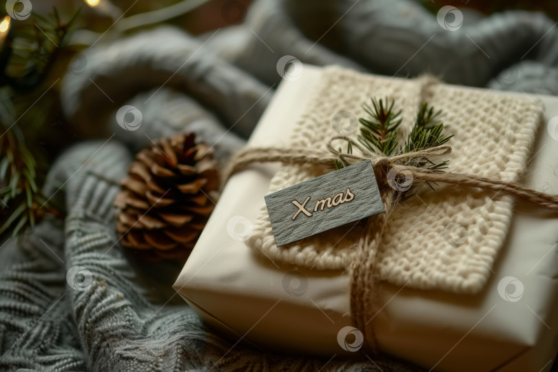 Скачать Рождественский подарок в белой обертке рядом с сосновой шишкой фотосток Ozero