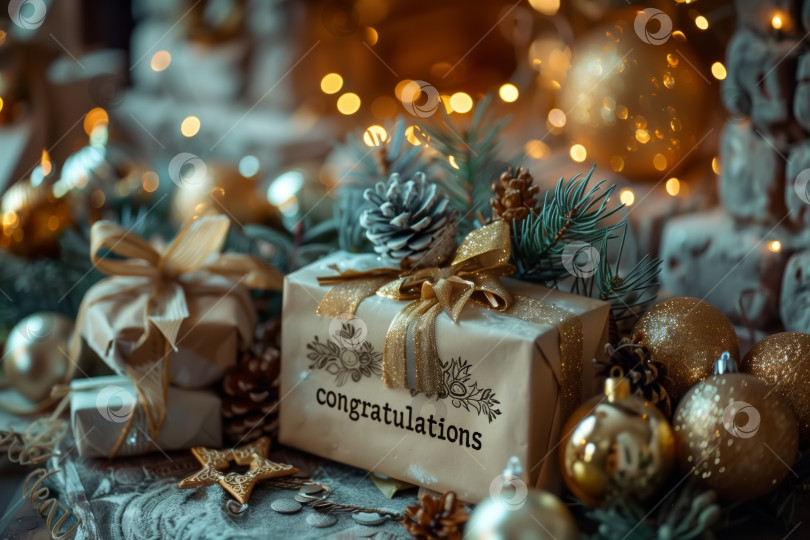 Скачать Подарочная коробка с поздравлениями, окруженная рождественскими украшениями фотосток Ozero