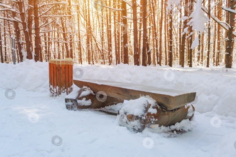Скачать Деревянная скамейка с мусорным баком в зимнем лесу на фоне оранжевого солнечного света (тонированный) фотосток Ozero