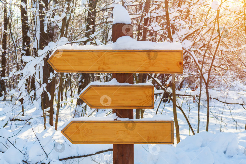 Скачать Пустые деревянные стрелки направления на столбе, покрытые снегом в зимнем лесу, освещенные солнечным светом (тонированные) фотосток Ozero