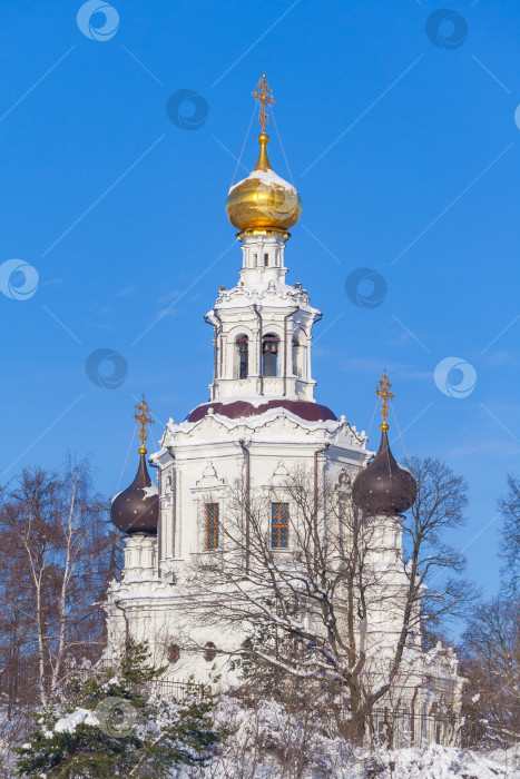 Скачать Православная белокаменная церковь в зимнем лесу на фоне голубого неба фотосток Ozero