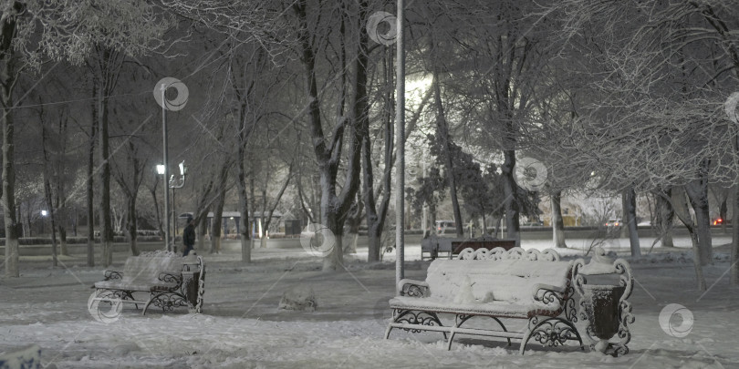 Скачать две скамейки в зимнем парке, где много снега фотосток Ozero