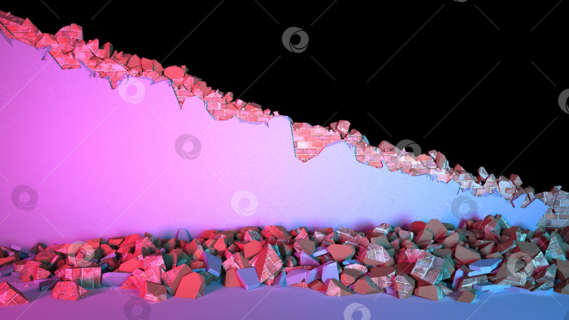 Скачать щель в кирпичной стене, покрытая штукатуркой по диагонали в неоновом освещении фотосток Ozero