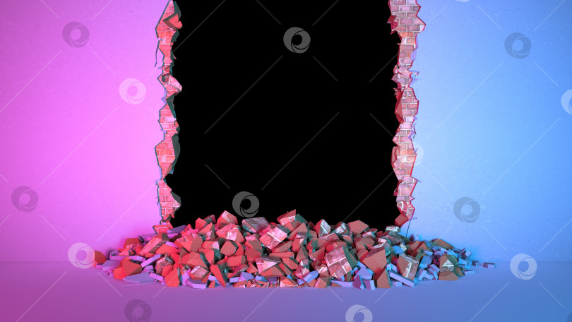 Скачать пролом в кирпичной стене, покрытой штукатуркой вертикально при неоновом освещении фотосток Ozero