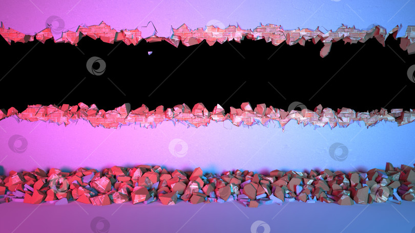 Скачать горизонтальный пролом в кирпичной стене, покрытой штукатуркой, при неоновом освещении фотосток Ozero