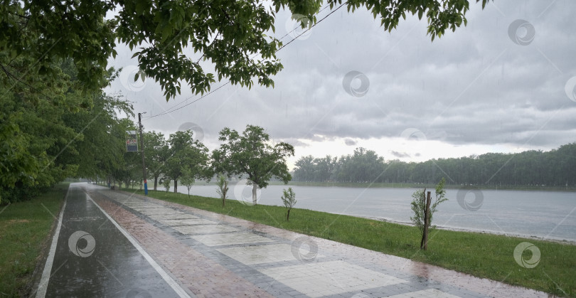 Скачать тротуар, покрытый плиткой во время сильного дождя на берегу озера фотосток Ozero