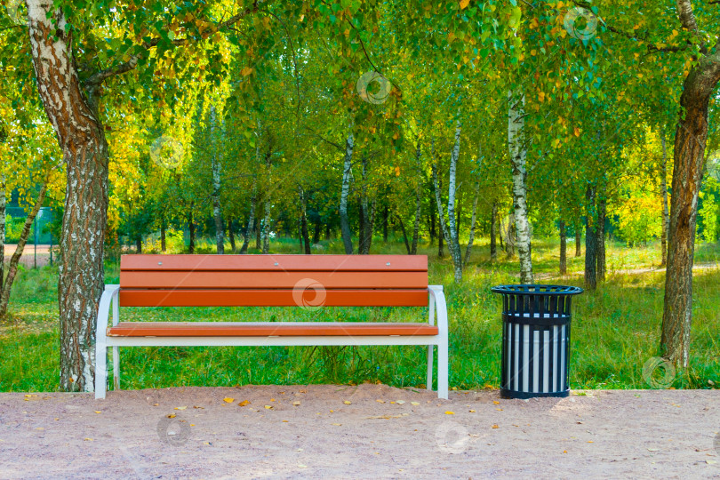 Скачать Деревянная скамейка и металлический черный мусорный бак в парке на фоне зеленых деревьев фотосток Ozero