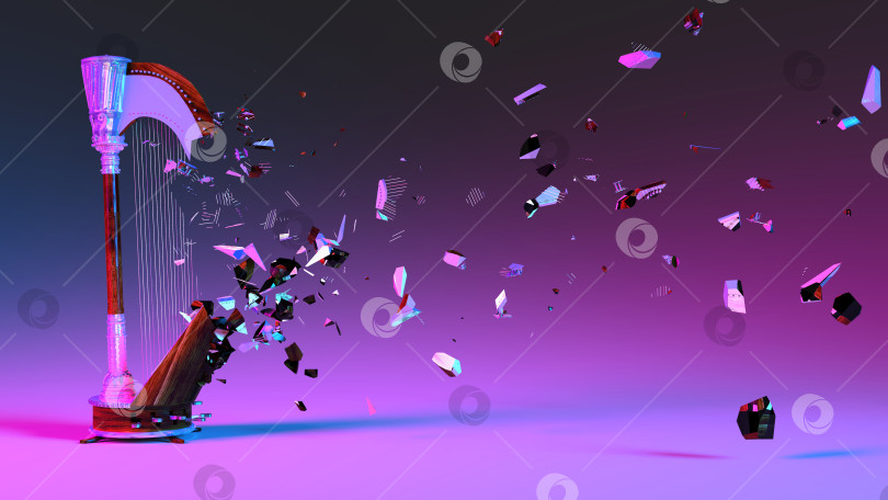 Скачать полуразрушенная арфа с разлетающимися осколками в неоновом освещении фотосток Ozero