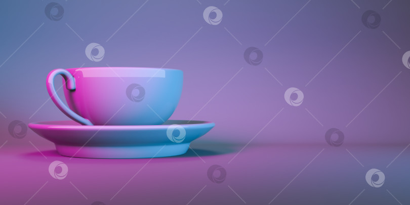 Скачать чашка для чая на блюдце в неоновом свете крупным планом фотосток Ozero