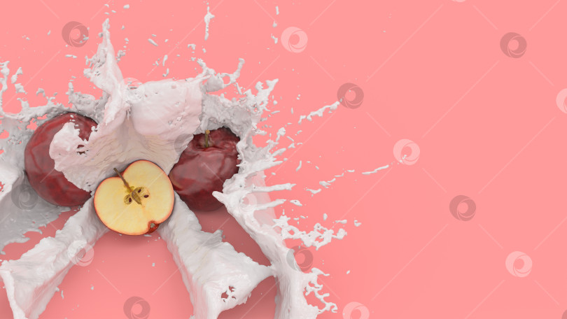Скачать яблоки на красном фоне в брызгах молока фотосток Ozero
