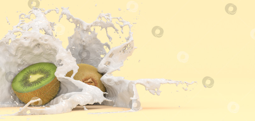Скачать киви на желтом фоне в каплях молока фотосток Ozero
