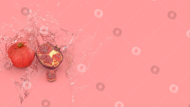 Скачать плоды граната на красном фоне в брызгах воды фотосток Ozero