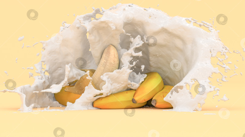 Скачать несколько бананов на желтом фоне в брызгах молока фотосток Ozero