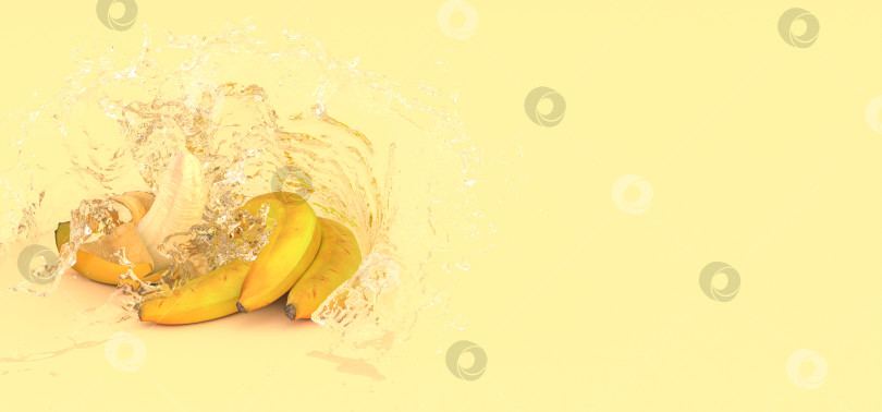 Скачать несколько бананов на желтом фоне в брызгах воды фотосток Ozero