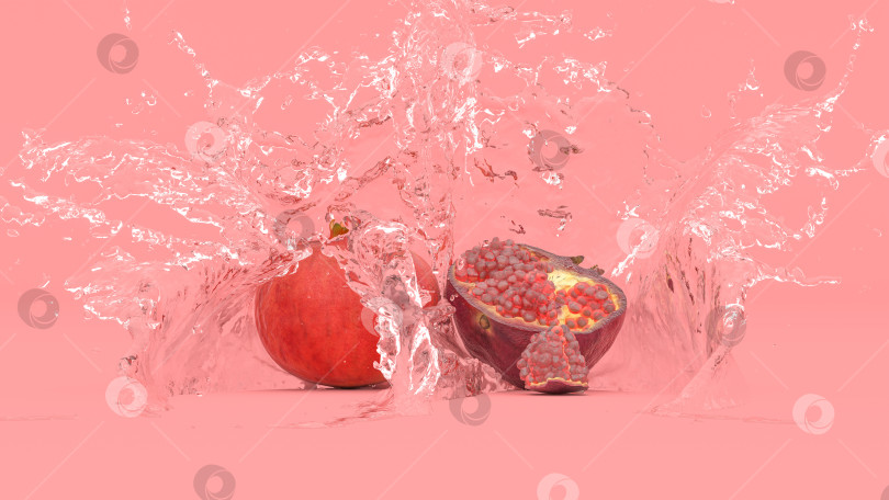 Скачать плоды граната на красном фоне в брызгах воды фотосток Ozero