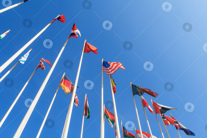 Скачать Вид снизу на ряды флагов разных стран мира, развевающихся на ветру, на фоне ясного голубого неба с открытым пространством фотосток Ozero