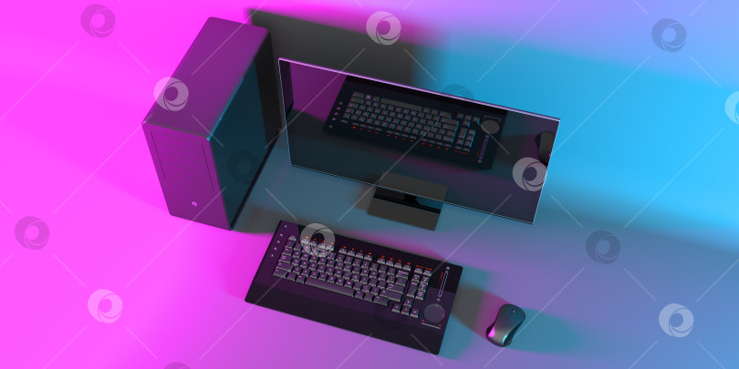 Скачать черный компьютер в неоново-розовом освещении фотосток Ozero
