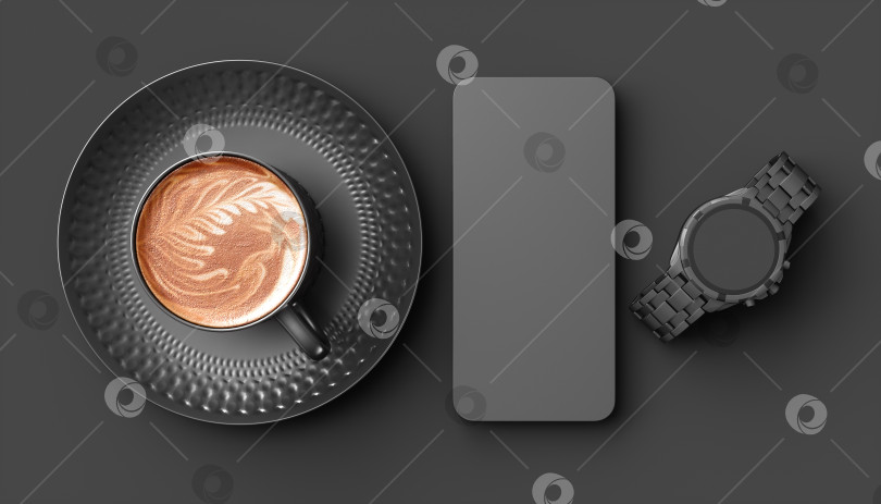 Скачать черная чашка кофе рядом с мобильным телефоном и наручными часами на черном фоне фотосток Ozero