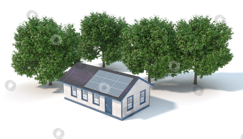 Скачать дом с солнечными батареями на крыше рядом с деревьями фотосток Ozero