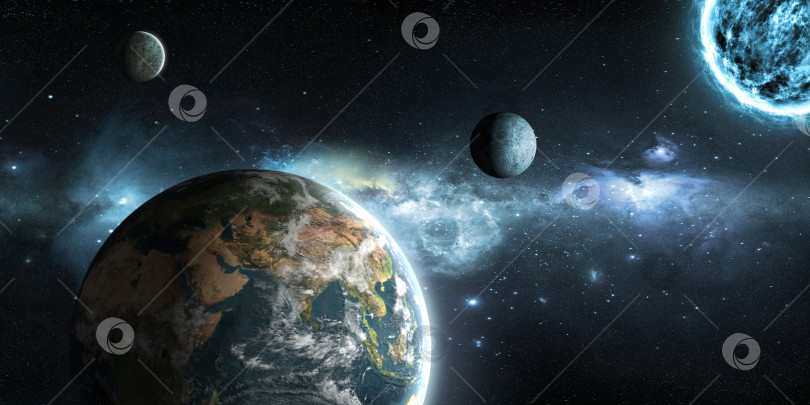 Скачать Земля, Луна и солнце на фоне космического пространства с красивой туманностью фотосток Ozero