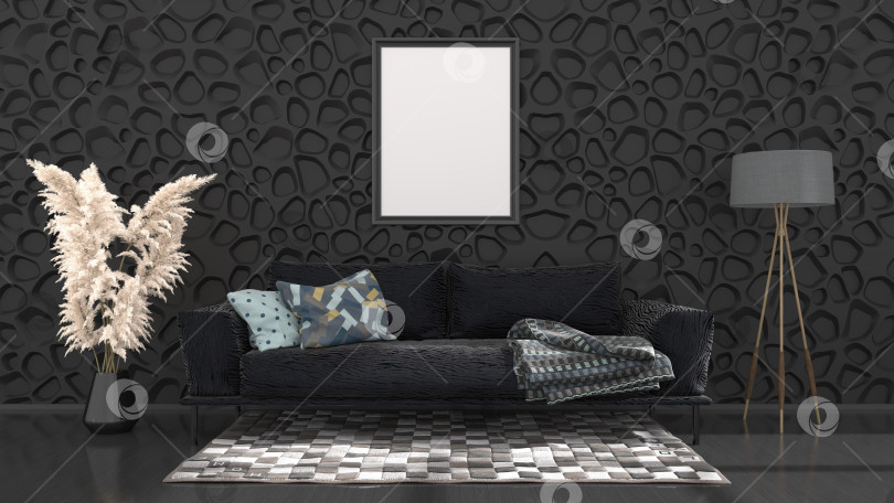 Скачать черный интерьер с черным диваном и рамками для макета фотосток Ozero