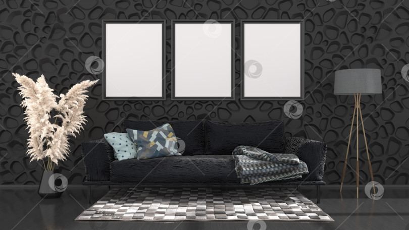 Скачать черный интерьер с черным диваном и рамками для макета фотосток Ozero