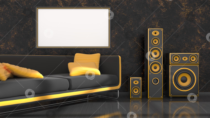 Скачать черный интерьер с современным дизайном, черно-желтый диван, акустическая система и рамка для макета фотосток Ozero