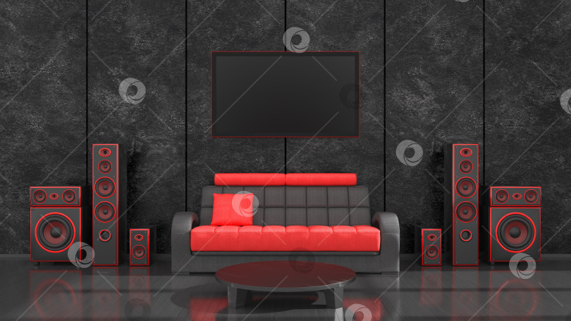 Скачать черный интерьер с современным дизайном, черно-красная акустическая система и телевизор фотосток Ozero