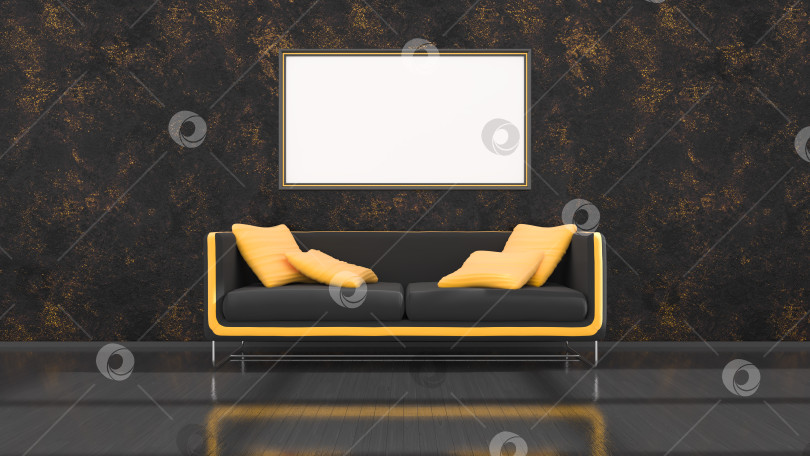 Скачать черный интерьер с современным черно-желтым диваном и рамками для макета фотосток Ozero