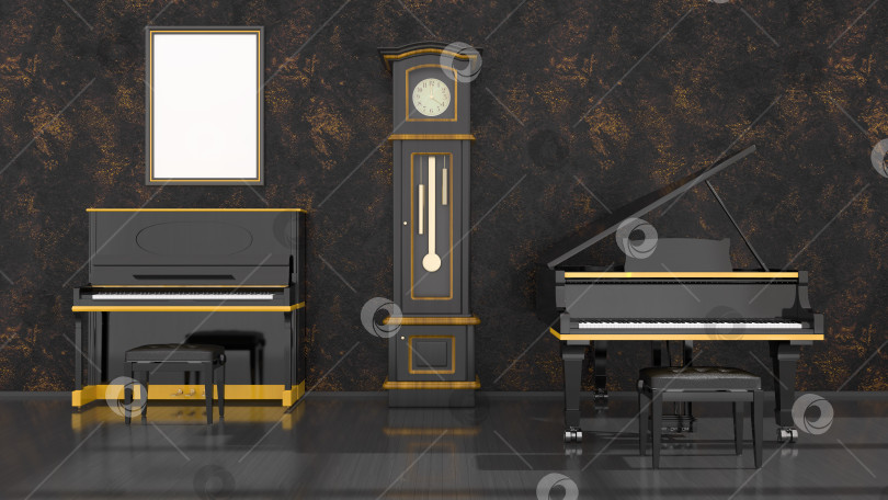 Скачать черный интерьер с черно-желтым пианино, роялем и рамкой для макета фотосток Ozero