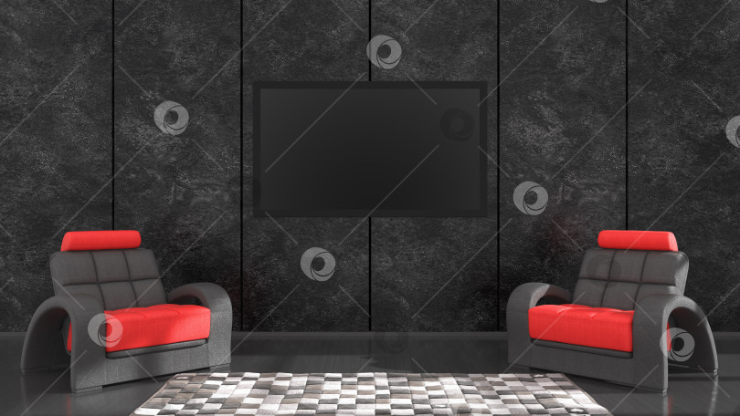 Скачать черный интерьер с современным дизайном, черно-красное кресло и телевизор фотосток Ozero