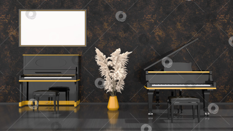 Скачать черный интерьер с черно-желтым пианино, роялем и рамкой для макета фотосток Ozero
