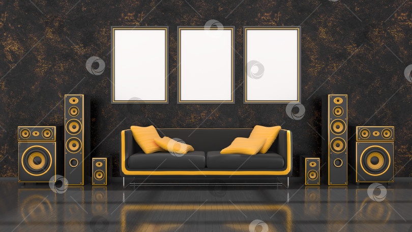 Скачать черный интерьер с современным дизайном, черно-желтая акустическая система, диван и рамка для макета фотосток Ozero