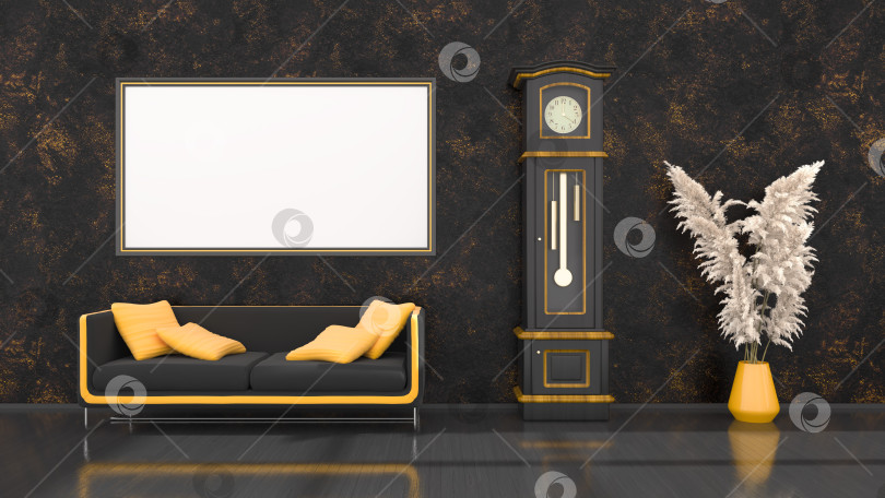 Скачать черный интерьер с современным черно-желтым диваном, часами и рамками для макета фотосток Ozero